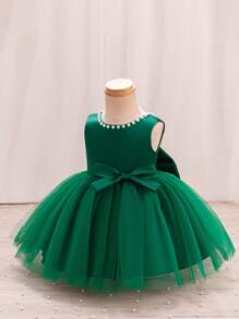 SHEIN Glamorique Kids 女婴圣诞公主裙、舞会礼服、派对和婚礼花裙、粉色薄纱泡泡裙、白色串珠 V 字背大蝴蝶结公主礼服婴儿紫色连衣裙