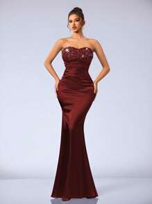 Coutiva High-End Banquet Dress, Sequin Patchwork Design Off-Shoulder Elegant Formal Dress For Parties - Burgundy - View 4