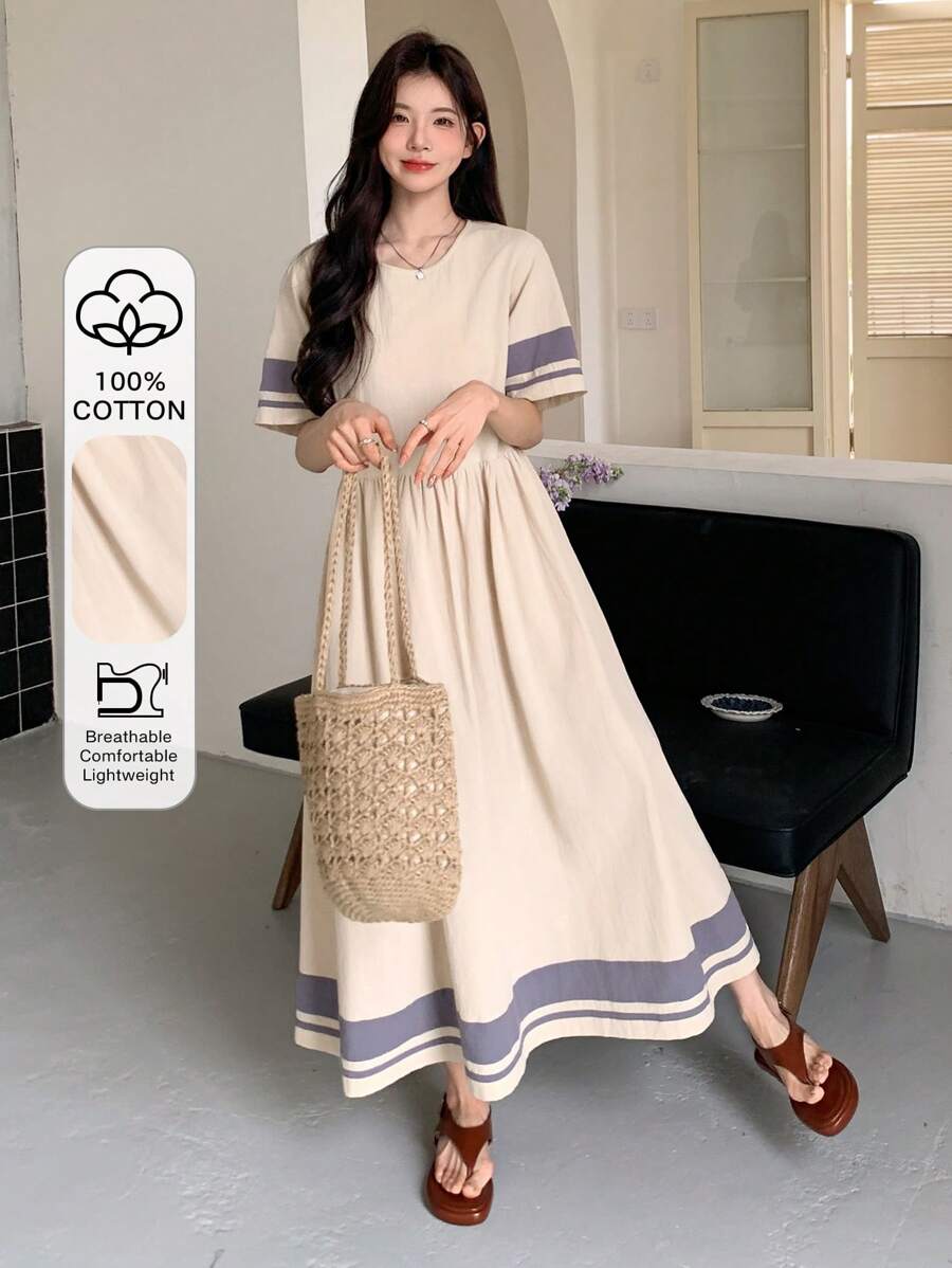 DAZY Women's Casual Holiday Colorblock Striped Dress,Teacher Outfits - Beige - View 1