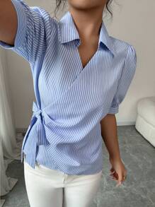 Elenzga 女式优雅V领系腰条纹泡泡袖衬衫，夏季
