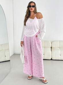 SHEIN Essnce 大码女装春夏时尚休闲宽松舒适日常白色长袖透明防晒T恤和粉色比基尼和阔腿裤三件套，曲线可爱服装，度假服装，女士海滩服装，夏威夷服装女士，巡航女士服装，Y2k服装 - 藍白色 - 查看 3