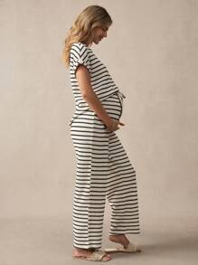 Boho Mama 2pcs/Set Maternity Short Sleeve Striped Top And Pants, Simple Fashionable Casual Everyday Wear
