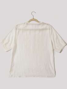 EMERY ROSE Women's Jacquard V-Neck Short Sleeve Button Design Casual Shirt - White - View 2