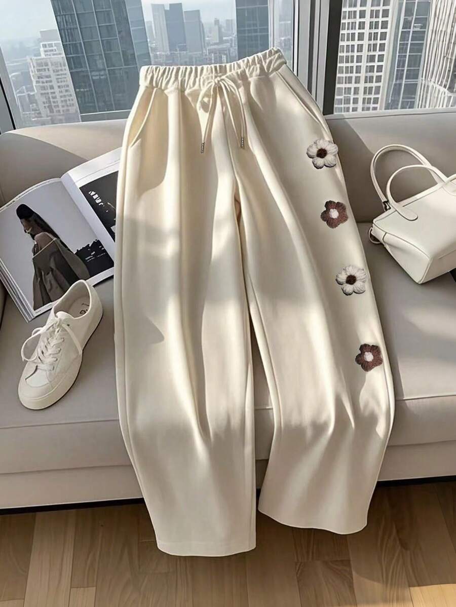 Franclia Pantalones largos casuales de mujer con diseño floral de punto