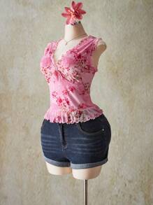 SHEIN ICON 加大码粉色佩斯利花纹 V 领荷叶边下摆网眼无袖背心，适合夏季，Y2K 复古佩斯利花纹，毕业/返校季夏装，暑假 - 粉色 - 查看 7