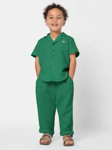 SUMWON 男童休闲纽扣短袖衬衫套装夏季棉麻质感儿童度假海滩度假装