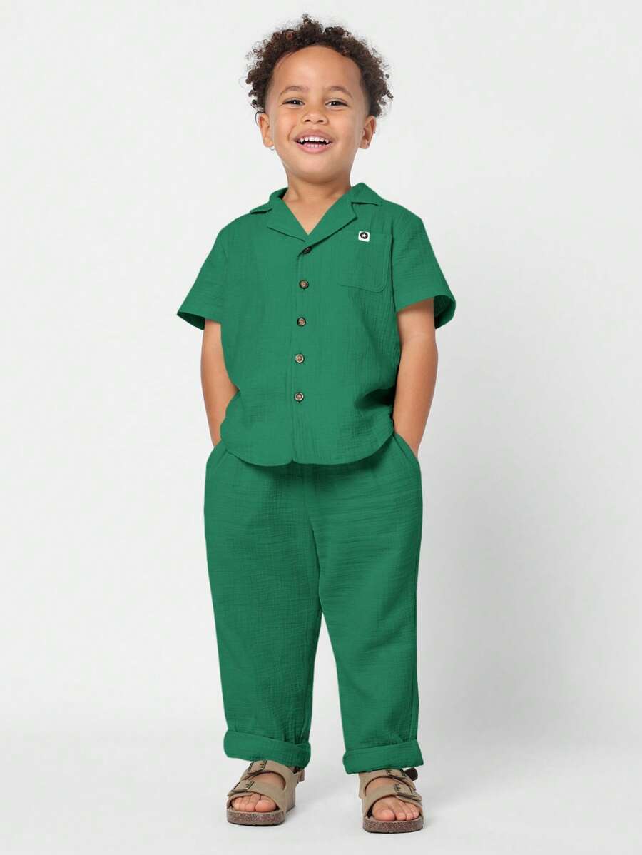 SUMWON 男童休闲纽扣短袖衬衫套装夏季棉麻质感儿童度假海滩度假装