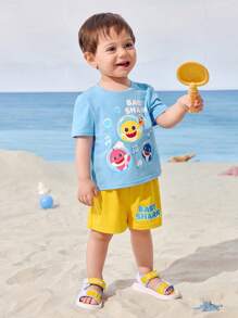 BABY SHARK X SHEIN Baby Boy Cartoon Shark Print Blue Casual Cute Short Sleeve T-Shirt And Yellow Loose Shorts Set