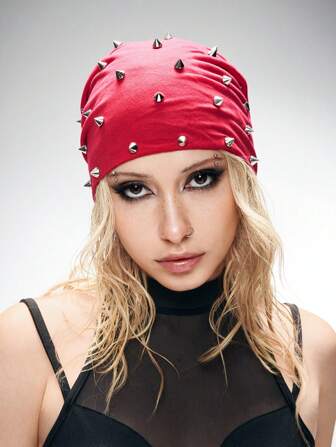 Grunge Punk 1pc Punk Style Studded Thin Beanie, Y2K High-Quality Vintage Solid Red Slouchy Hat, Fashionable For Daily Wear All Seasons