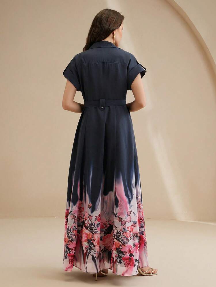 2025 New Summer Floral Print Turn-Down Collar Cinched Waist Mid-Length Elegant Lady-Like Dress