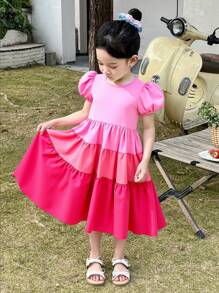 Vestido casual de línea A midi con mangas abullonadas, diseño de capa degradada para niñas (talla pequeña)