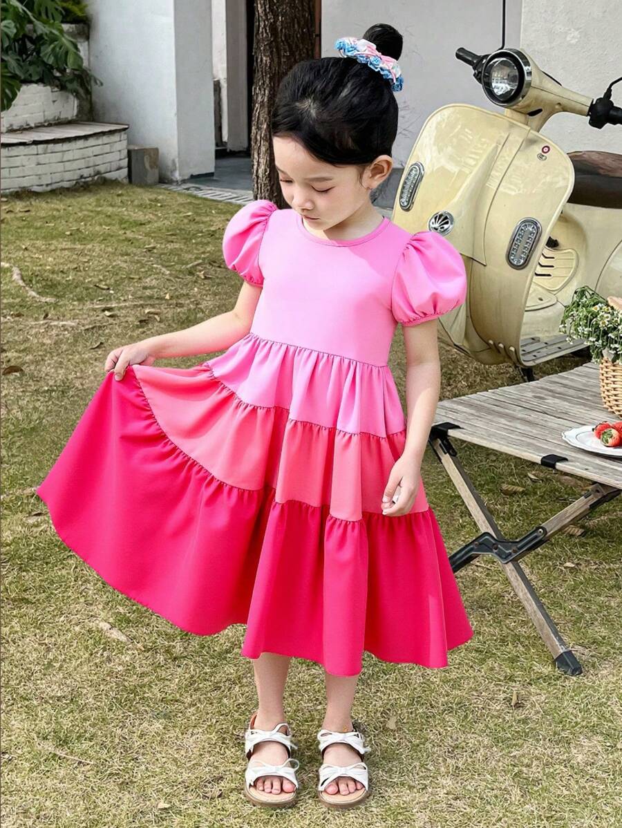 Vestido casual de línea A midi con mangas abullonadas, diseño de capa degradada para niñas (talla pequeña)