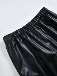 SHEIN 青少年男孩休闲百搭舒适弹力PU直筒纯色针织裤 - 黑色 - 查看 3