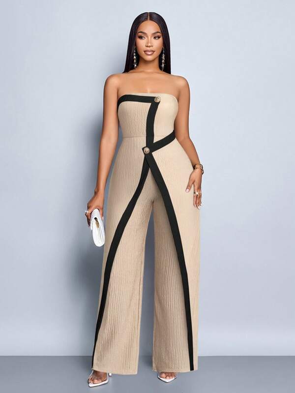 SOLERSUN Women Modern Party Two Color Contrast Office Black Asymmetrical Spliced Sleeveless Straight Jumpsuit