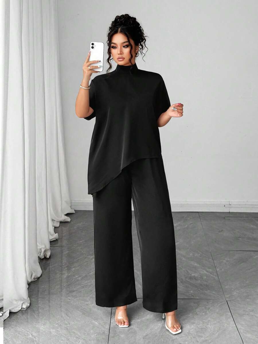 Elenzga مجموعة بنطلون وبلوزة للنساء ذوات الأحجام الكبيرة، ملابس علوية بياقة عالية وأكمام قصيرة مع حافة غير متماثلة، وبنطلون بساق واسعة باللون الأحادي، 2 قطعة