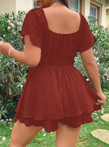 Flirla 弹性腰部双层连体衣，纯色短袖连体裤