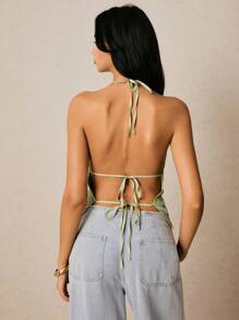 Poéselle Women's Deep V Glamorous Fitted Sequins Halter Top