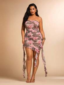 SHEIN BAE Plus Size Women's Summer Sexy Leopard & Floral Print Ruffled Asymmetric Hem Dress, Elegant For Date, Party, Birthday, Bridesmaid, Casual Wear' - Pink - View 5