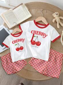 2pcs/Set Toddler Girls' Casual Fashion Creative Red & White Cherry Print Short Sleeve T-Shirt And Shorts Outfit, Sibling Matching Clothes (2 Pieces Sold Separately) Cherry Clothes For Baby Girl Cherry Toddler Outfit Cherry Baby Clothes Short Sets For Girls