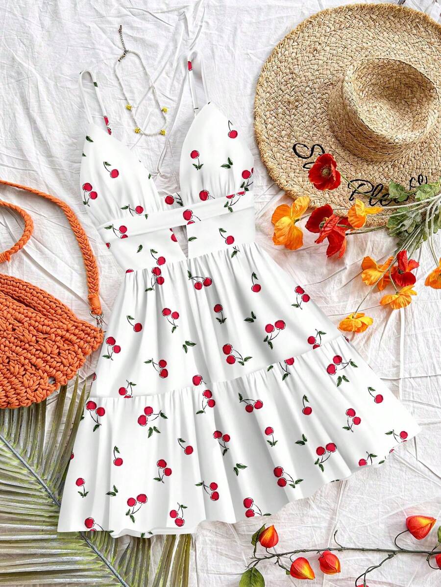 Soleia Đầm mini hở lưng, cổ chữ V khoét sâu cho nữ, thích hợp cho kỳ nghỉ hè, họa tiết quả anh đào - Nhiều màu - Xem 1