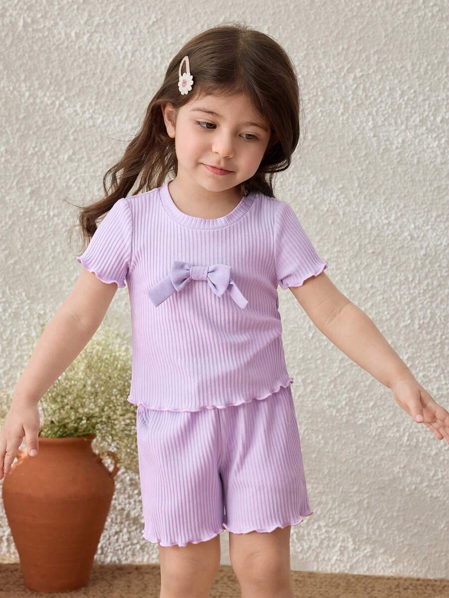 Blossori Conjunto de camiseta de manga corta y pantalones cortos con decoración de lazo, estilo campestre, para niñas bebé - Morado - Ver 1