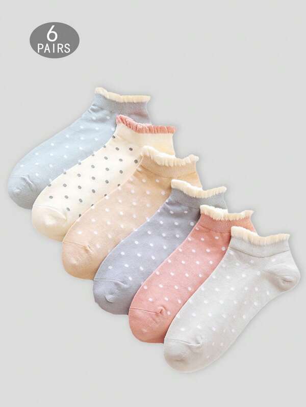 ROMWE 6 pares de calcetines cortos casuales de mujer con lunares y volantes en el bajo, calcetines deportivos versátiles y de moda para primavera y otoño