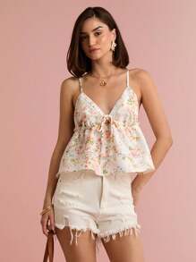 Enchnt 春夏浪漫女式荷叶边 V 领系带吊带背心，休闲舒适，适合生日、节日派对、甜蜜约会、日常通勤、度假、婚礼季节必备、毕业派对，夏季百搭女士，音乐会女士，优雅