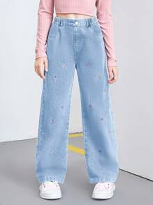 SHEIN Tween Girls Y2K Style Washed Blue Loose Casual Heart Embroidery Straight Leg Jeans, Fashion Versatile Daily Wear, Tween Jeans Embroidery,Tops - Light Wash - View 8