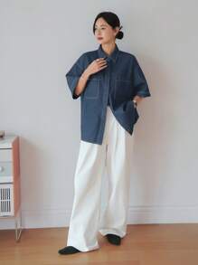 Dazy-Less 女士休闲商务宽松大口袋短袖牛仔外套