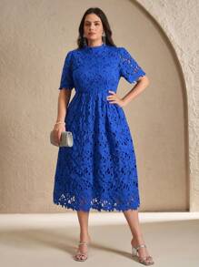 Chikora 大码女式夏装，优雅工作服连衣裙，蕾丝中长连衣裙，海军蓝短袖连衣裙夏季服装