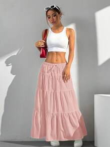 SHEIN EZwear Lightweight Pastel Pink Textured Skirt For Women, Summer - Baby Pink - View 5