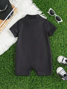 新生男婴/女婴休闲运动时尚撞色字母印花翻领短袖连体衣，适合春夏季室内外穿着 - 彩色 - 查看 3