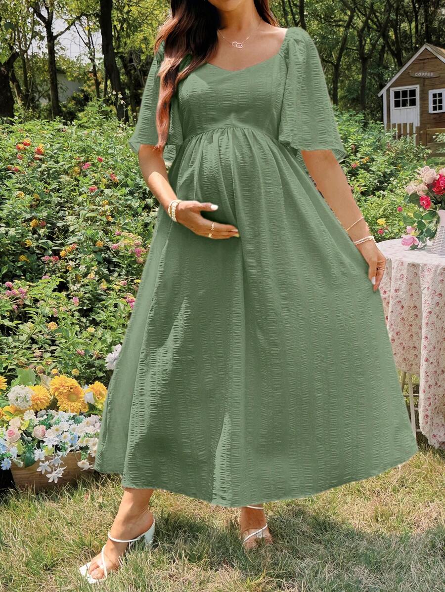 SHEIN Gaun Hamil Lengan Pendek Warna Polos, Modis untuk Musim Panas - Mint Green - View 1