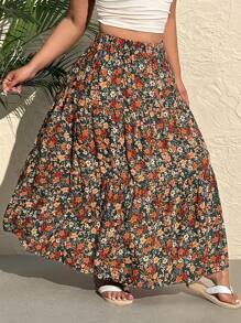 SHEIN EZwear Plus Size Casual Ditsy Floral Elastic Waist A-Line Skirt, Autumn