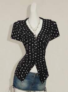 SHEIN ICON Black & White Polka Dot Top Pattern Pleated Decoration Women Blouse - Black and White - View 4