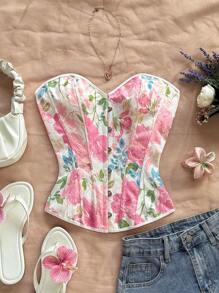 Soleia Women's Retro Floral Jacquard Halter Cropped Top With Back Tie Closure Summer - Multicolor - View 3