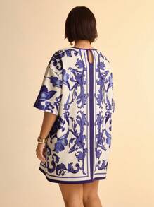 CAJUNI Đầm thun cổ tròn in họa tiết hoa nhiệt đới Boho cỡ lớn cho nữ cỡ lớn, màu xanh và trắng - Nhiều màu - Xem 2