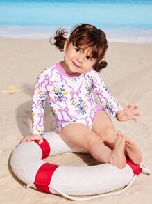 Toddler Girls' Cute Floral Print Purple Bow Accent Ruffle Trim One-Piece Swimsuit For Beach,Summer Toddler Swimsuit Long Sleeve Baby Rash Guard Toddler Rash Guard Baby Girl Swimsuit Long Sleeve Rash Guard Baby - Pink - View 8