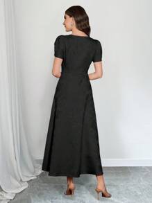 Modelyn Đầm cổ tròn tay lỡ màu trơn viền bèo nhún Jacquard, Xuân/Hè - màu đen - Xem 4