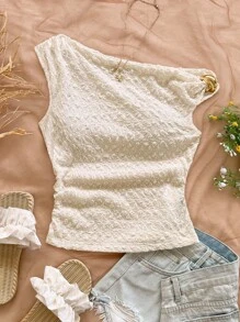 Soleia Vacationdeep-V Asymmetric Shoulder Metallic Ruched Fitted Blouse, Suitable For Party, Vacation, Music Festival, Bohemian, Holiday Date, Afternoon Tea