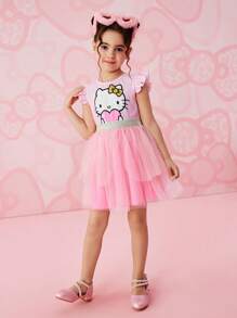 HELLO KITTY AND FRIENDS | SHEIN Young Girl Cartoon & Heart Pattern Pink Mesh Short Sleeve Cute Summer Holiday Princess Dress