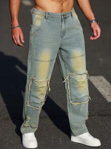Manfinity Homme Quần Jeans Nam Ống Thẳng Thường Ngày Có Túi Và Chi Tiết Viền Thô, Đa Năng - Màu xanh lam - Xem 4