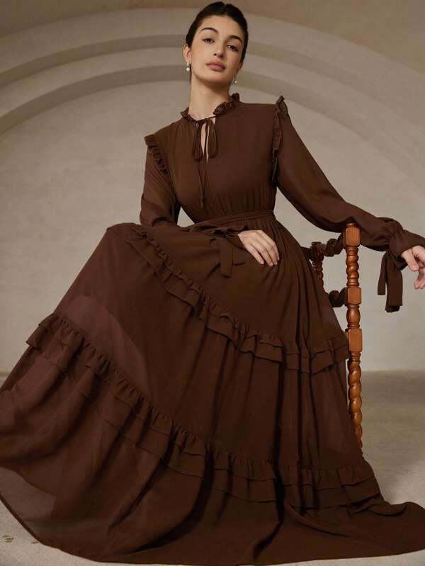 Aveloria Rosie Spring/Summer Elegant Ruffle Trim Tied Collar Long Dress Women's Cinched Waist Patchwork Long Sleeve Dress Fall Cloth For Women