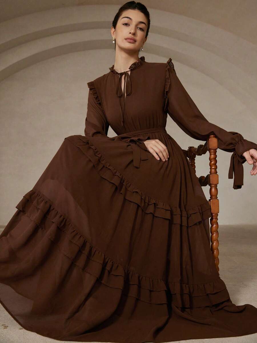 Aveloria Rosie 春夏优雅荷叶边饰领长裙女士束腰拼接长袖连衣裙 - 棕色 - 查看 1