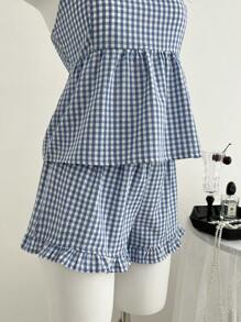 Elamini Bộ 2 quần yếm kẻ caro đỏ thời trang xuân/hè cho nữ đi nghỉ thường ngày và quần short kẻ caro cạp chun đi biển/dã ngoại - Xanh và trắng - Xem 6