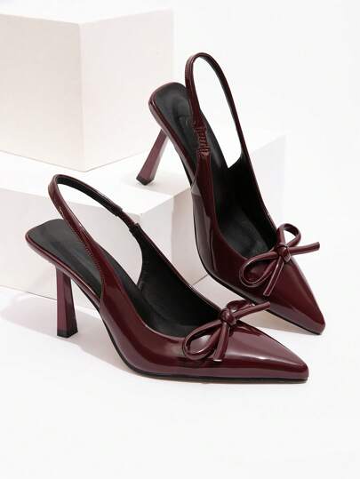 SHEIN X Belle Mariano CUCCOO CHICEST 女士后绑带酒红色蝴蝶结装饰高跟鞋新年假期