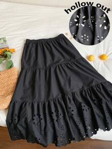 SHEIN EZwear Plus Size Women Solid Color Casual Vacation Versatile Crinkle Skirt - Black - View 3