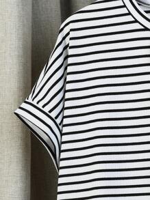 SHEIN 2pcs/Set Plus Size Casual Striped Crew Neck Short Sleeve Top And Shorts Set