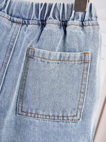 SHEIN Young Boy Summer Retro Casual Patch Loose Fit Baggy Blue Denim Shorts With Side Pocket For Kids Clothes Boys Costume Dailywear And Kids Four Seasons Clothes