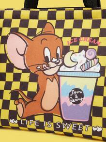 TOM & JERRY X SHEIN Checkered And Cartoon Pattern Lunch Box Bag, For Office Workers And Students